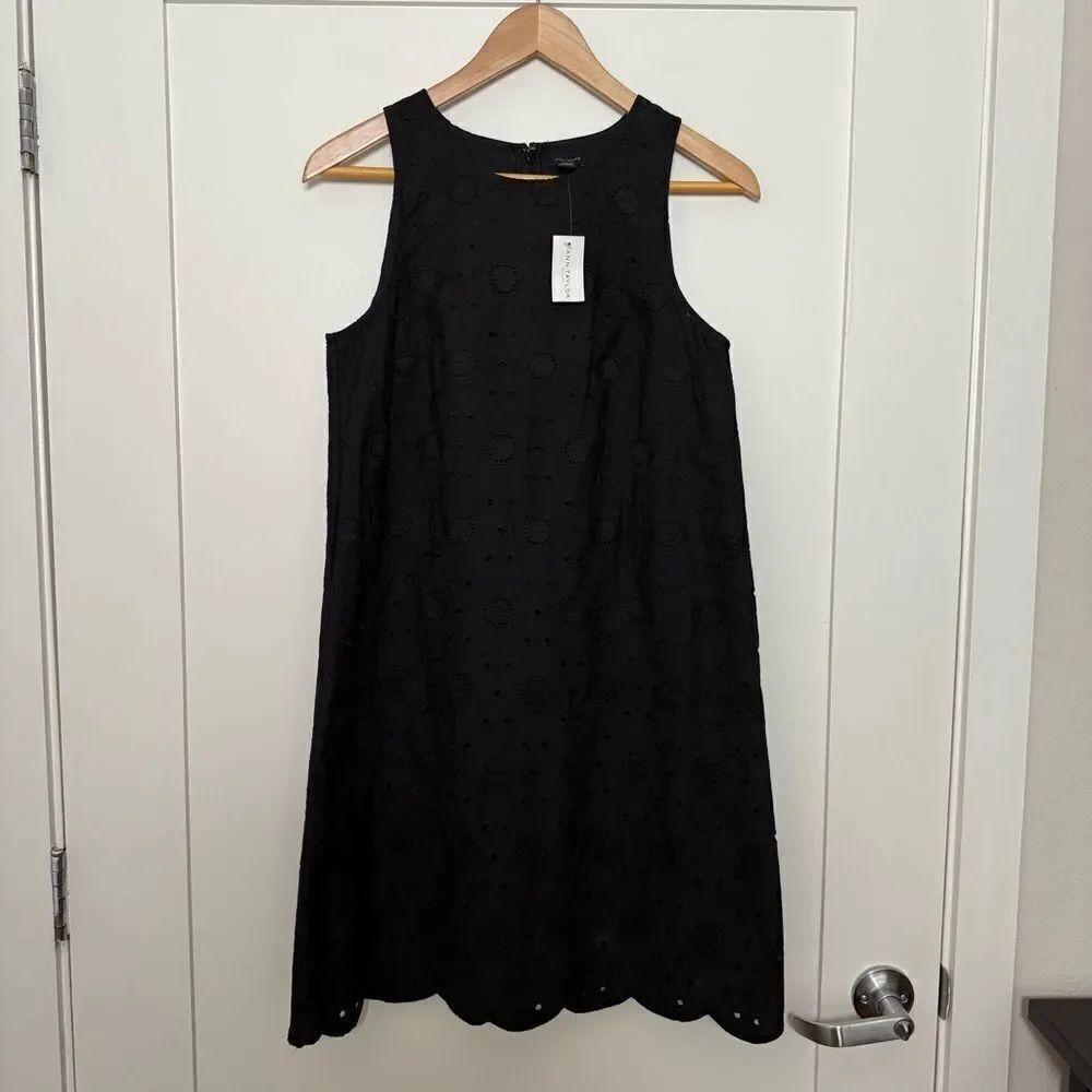 Ann Taylor A-Line Tank Dress Sz 2 Black Sleeveless Eyelet Cotton Office Career